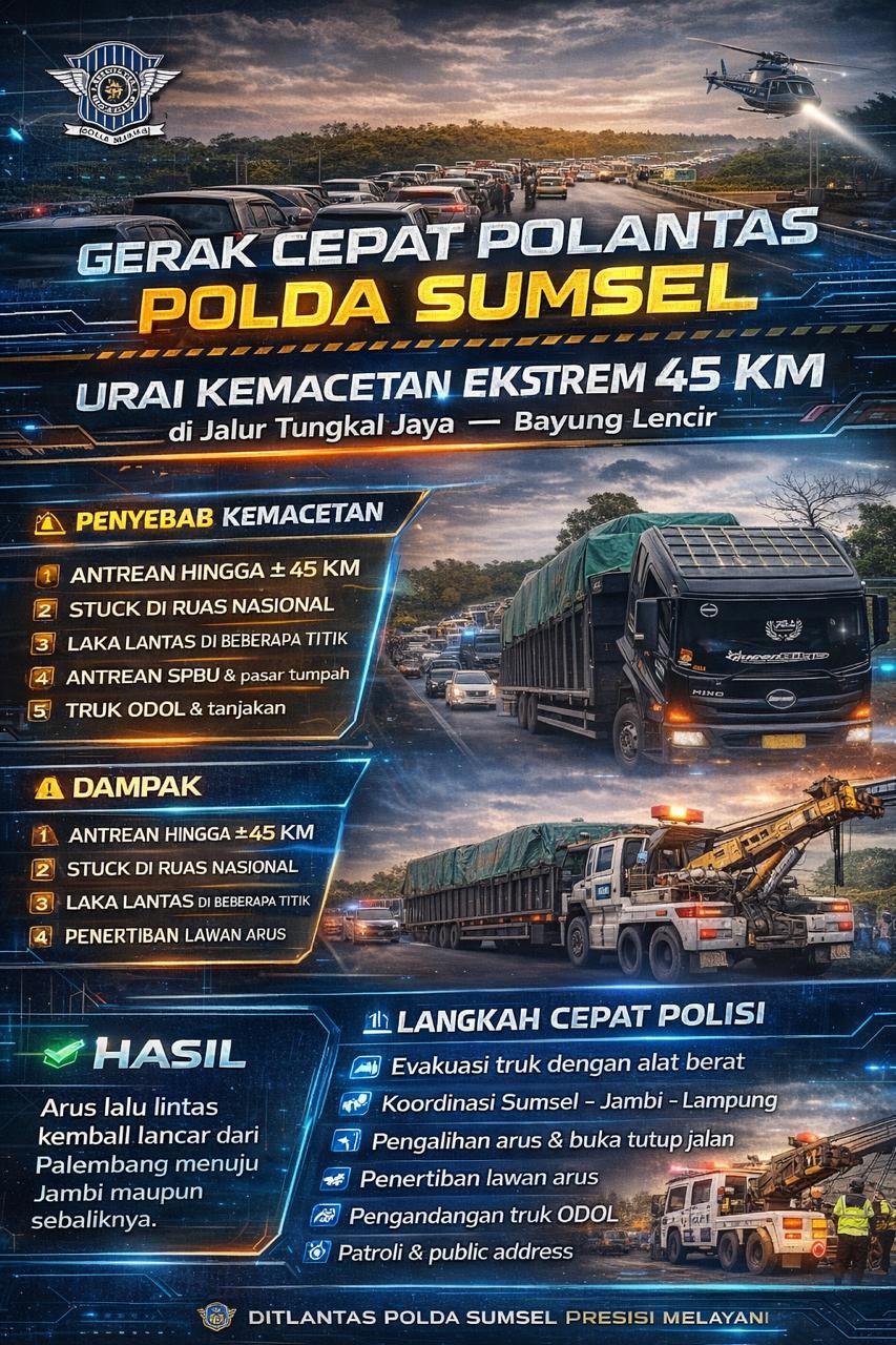 Gerak Cepat Polantas Sumsel Dalam Mengurai Kemacetan Parah Atasi Antrean 45 Km di Jakur Tungkal Jaya – Bayung Lencir